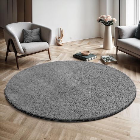 Tapis Moderne Moelleux à Poils Courts, antidérapant, Lavable Jusqu’à 30°C, Super Doux, Aspect Fourrure, pour Salon et Chambre, décoratif, Anthracite, 120 cm Rond (1/5)