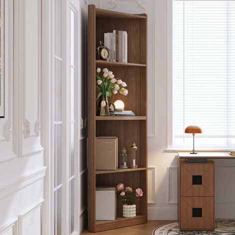 Étagère d'angle / Bibliothèque d'angle – 55×32×180 cm, meuble haut en MDF aspect noyer, avec dispositif antichute, rangement vertical gain de place pour salon & cuisine, vitrine bibliothèque