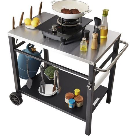 Acier inoxydable, desserte plancha 2 niveaux avec roulettes, plan de travail 85 x 55 cm pour jardin (1/5)