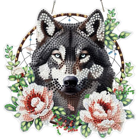 Diamond Painting Set Wolf mit Blumen, Hängende Dekoration, Fensterbild, 20x20cm