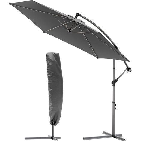 Parasol déporté hexagonale 3M avec Manivelle Anti-Retour Parasol inclinable Toile 180 gr/m2 avec protection UV Hauteur 235cm 6 Baleines en acier Inclus housse de protection Gris (1/5)