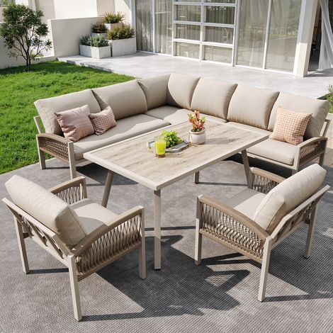 Salon de jardin 8 personnes avec configuration modulable, canapé d’angle, table incluse, coussins inclus, en fer et verre, beige (1/5)