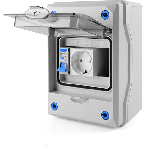 Schuko-Steckdosenkasten mit Fehlerstromschutzschalter (FI-Schalter)  Fehlerstromschutzschalter mit 16 A, 230 V - 1/ IP65, wetterfeste Außensteckdose für Außenbereiche und Feuchträume (1/5)