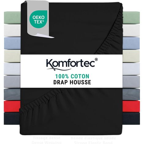 Drap Housse Lit 180x200 cm - Jersey 100% Coton 135g/m² - Certifié Oeko-Tex - Bonnet 30 cm - Drap Lit avec Élastique pour Matelas Épais - Noir (1/5)