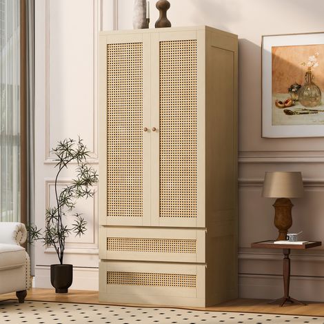 Armadio guardaroba 70x55x170 cm, doppie ante, 2 cassetti e vano contenitore, effetto rattan, legno color legno (1/5)