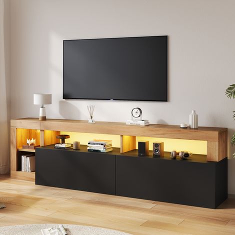 Modernluxe - Meuble TV moderne 184x42x58 cm - Éclairage LED - 2 portes noires abattantes - Noir et naturel (1/5)