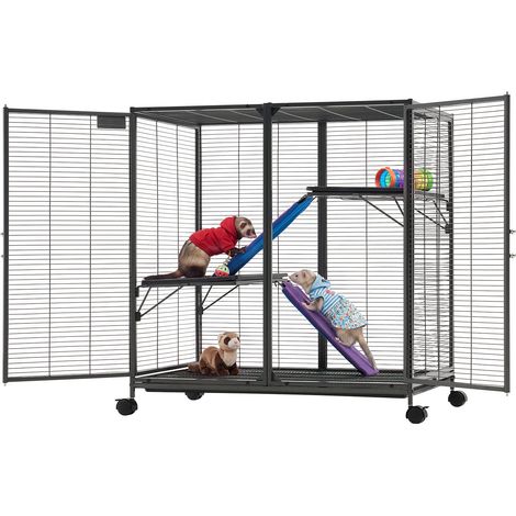 Cage pour Petits Animaux en Métal 96 cm, Cage pour Furets à 3 Niveaux avec Roulettes, pour Furet, Cochon d'Inde, Chinchilla et Lapin, Barreaux Espacés 13,97 mm, Hamac, Rampes, Portes et Plateau (1/5)
