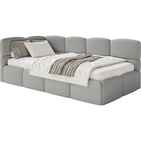 Selsey Cloudy – Einzelbett 120x200, Kopfteil links, Matratze & Bettkasten, Bouclé Grau