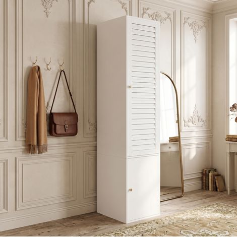 MODFU – Armoire 45x50x200 cm – Porte persienne et penderie – 3 compartiments de rangement – Blanc (1/5)
