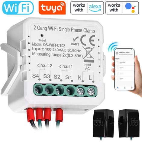 Tuya WiFi 2 Gang 80A Monophasé à pince, compteur d'énergie solaire photovoltaïque bidirectionnel, contrôle par application mobile, transformateur de courant, minuterie programmable, dispositif domotiq (1/5)