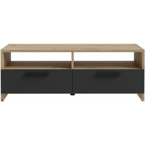 TV-Möbel PILVI - Zeitgenössischer Stil - Eichen- und Schwarzdekor - 2 Klappen + 2 Nischen - L 95 x B 36 x H 34,5 cm (1/3)
