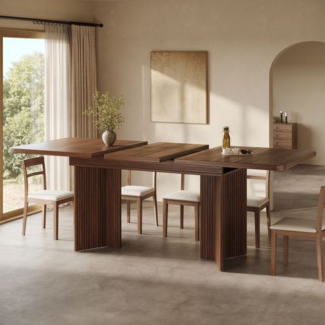 Table à manger extensible 120-160x80x76.1 cm, table de repas rectangulaire avec pieds V rainurés, plateau effet bois MDF, Brun (1/5)