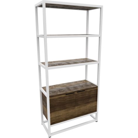 Edo - Wandregal B�cherregal 76x162,5x33,5 cm 3 Regalb�den mit Schrank 2 T�ren aus Holz Oak Metallgestell Wei�