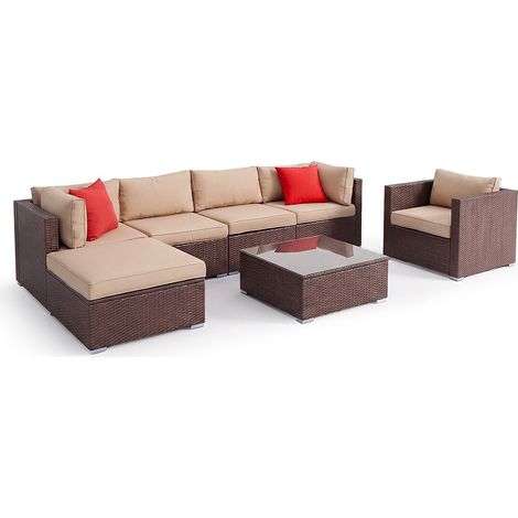 Sofa de Exterior Karl en Ratan PE, 7 piezas. Muebles de Jardin y Terraza, 256, Ratan Marron