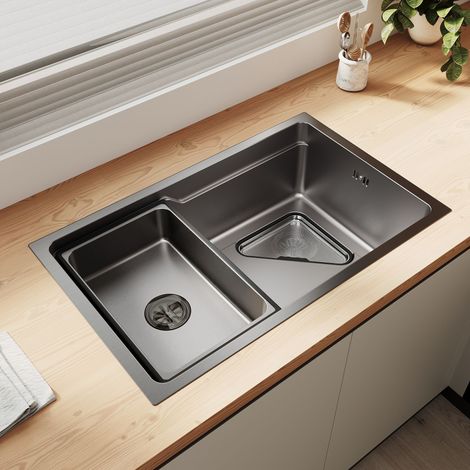 SIRHONA Évier 1 bac inox 304 noir à bord étroit, finition 3D grains de riz, 70x43 cm, égouttoir et grille triangulaire inclus