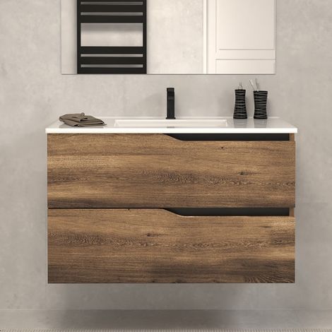 Meuble sous vasque seul, 2 tiroirs, 80cm, pour simple vasque - tabaco (chêne foncé) - LUNA