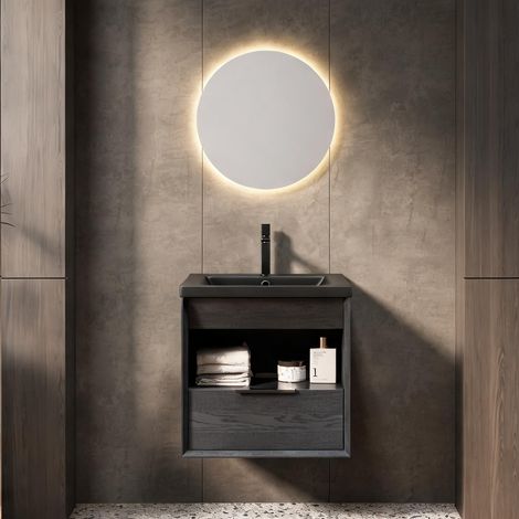 Meuble sous vasque suspendu 51 cm céramique noir chêne foncé (1/5)