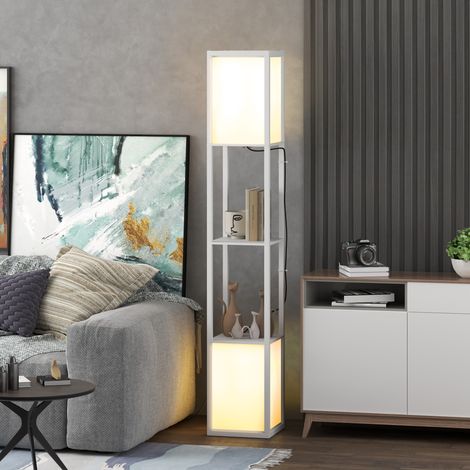 Lampadaire moderne avec 2 abat-jour et 2 étagères pour ampoules E27 (40 W max.). 26 x 26 x 156 cm. Blanc. (1/4)