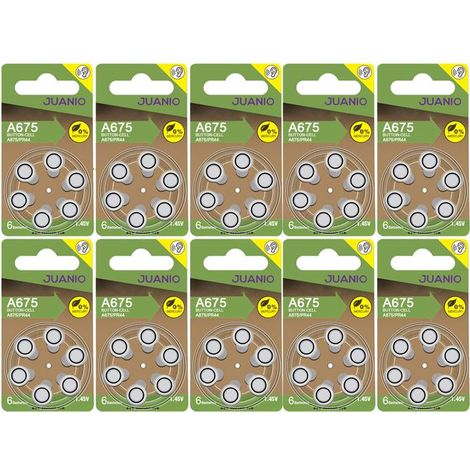 Lot de 60 Piles bouton Zinc Air 1,45V type A675/675 compatibles PR44 pour appareils auditifs - Juanio - (1/2)