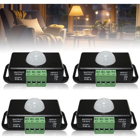 Lot de 4 détecteurs de mouvement LED - DC 12 V 24 V - Noir - Mini capteur de mouvement infrarouge PIR - Interrupteur automatique sans fil - Pour bandes LED (1/5)