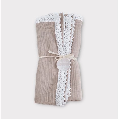 Coperta in mussola 100x75 con pizzo, beige pastello (1/5)
