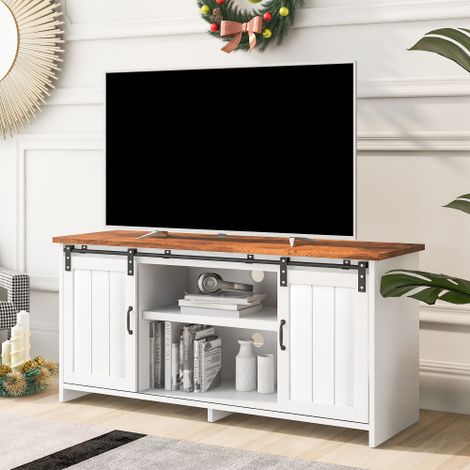 Meuble TV, support TV, Banc TV, avec étagère et casier, buffet, armoire de cuisine, armoire de rangement, armoire latérale, avec 2 portes coulissantes, KINSI (1/5)