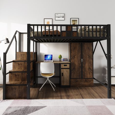 Hochbett 140x200 cm aus Metall und Holz in Schwarz mit Kleiderschrank, Schublade und Aufbewahrungsleiter (1/5)