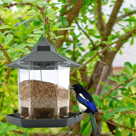 Bird Feeder, Waterproof Hanging Bird Food Container with Roof and Tray for Outdoor Garden Patio Backyard Seed Feeder (Grey) (1/4)