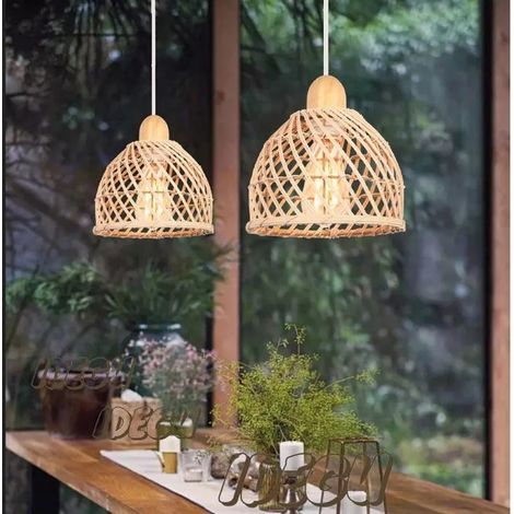 Lot de 2 Lustre Vintage Lampe Suspension en Bois et Bambou E27 Éclairage Luminaire Abat-Jour Design Spirale Cage Vintage,20cm (1/5)