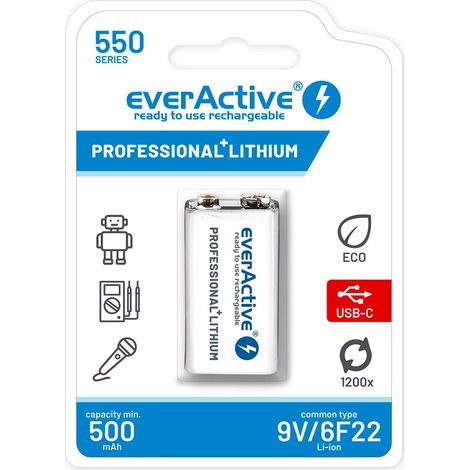 Batteria everactive 6f22/9v li-ion 550 mah con usb tipo c (1/5)