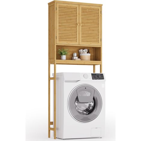 Armario para Lavadora Bealife Mueble de Baño con 1 Compartimento Abierto 2 Puertas Estantes Ajustables Natural 66 x 22,5 x 169 cm (1/5)