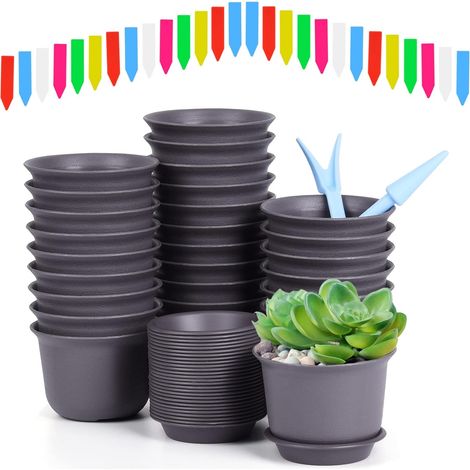 ZOLGINAH Pot de Plante Ronds avec Soucoupe 9 cm, 28 Pcs Pots de Jardinière et 50xÉtiquettes + 2xOutil, Petit Pot de Fleurs Conteneur de Plantes Pot de Semis Ronds Jardinage pour Interieur, Exterieur (1/4)