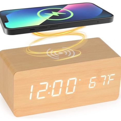Sveglia in legno con ricarica wireless, termometro, sveglia digitale e compatibilità con smartphone adattatore incluso. (1/4)