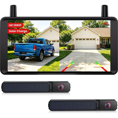 Double Caméra de Recul sans Fil Solaire 6", Écran HD 16:9 Double Antenne Signal Ultra Fort, Écran Divisé, Voitures SUV Camions Camping-Cars Vans Remorques (1/5)