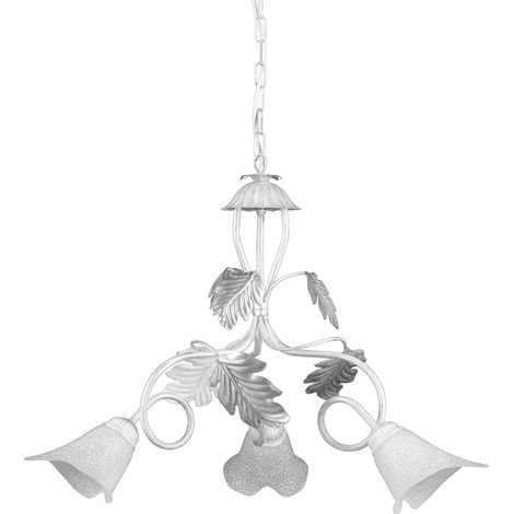 Lustre 3 bras en métal blanc avec nuances argent. Abat-jours en verre blanc satiné (1/3)