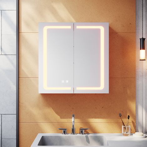SONNI 3 Lichtfarben Dimmbar Aluminium Spiegelschrank LED 65x65x13.3cm mit Beleuchtung mit Touch Steckdose Beschlagfrei Badschrank Badspiegel (1/7)