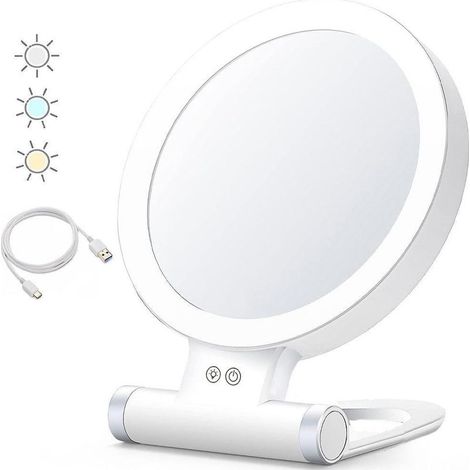 Miroir de maquillage pliable double face grossissant 1X/30X avec 3 lumières de couleur (1/5)