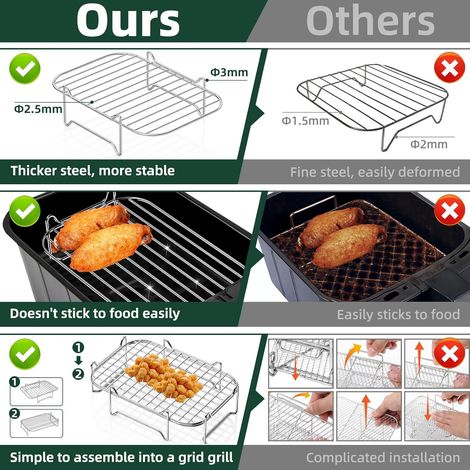 Grille Air Fryer Stackable, 2 Pcs Accessoires Air Fryer Chaud Dual Zone, Accessoires pour Friteuse à air En Acier Inoxydable 304 Compatible avec Ninja Foodi Dual, Cosori Twinfry et Autres (1/4)