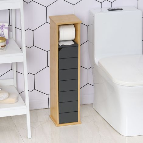 Meuble de salle de bain avec porte-papier toilette intégré, meuble gain de place avec étagère réglable en MDF et bambou, 18 x 18 x 75 cm, coloris bambou et gris