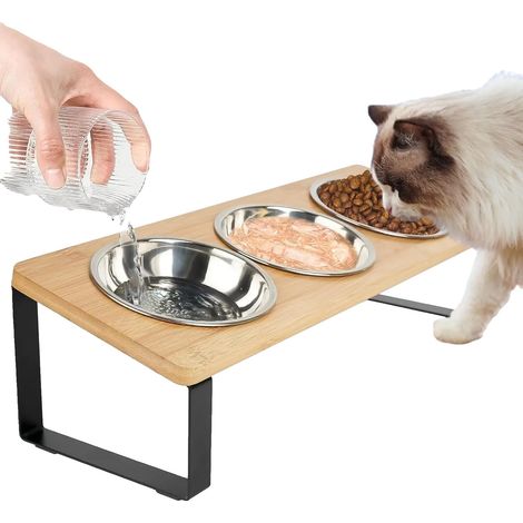 Soporte para comederos de mascotas, acero inoxidable, diseño elevado, doble cuenco, forma redondeada, fácil de limpiar. (1/5)