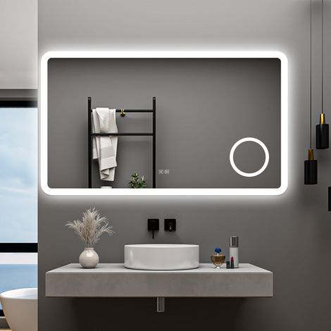 AICA 120 x 70 cm Specchio da bagno con LED,Rettangolo,Disappannamento,Touch,Memoria,Dimmerabile,Retroilluminato,Tre colori,bluetooth,Magnificatore (1/5)