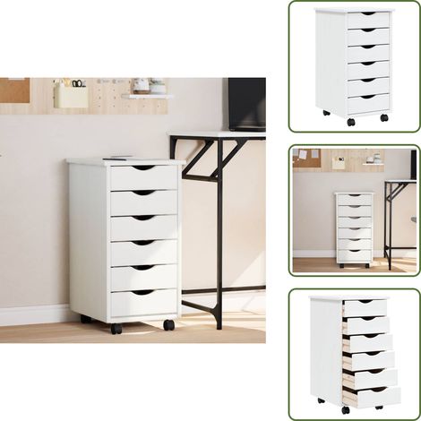 The Living Store Armoire roulante avec tiroirs MOSS blanc bois de pin solide - Meuble Roulant - Commode - Classement - Rangement - Tiroir
