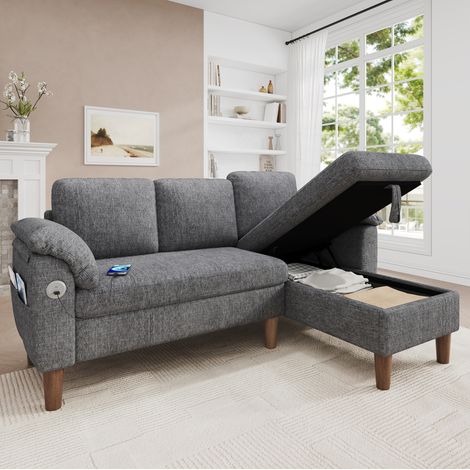 Divano angolare 3-4 posti 181x125x88 cm con chaise longue reversibile, USB/Type-C, contenitore, chenille - grigio chiaro (1/5)