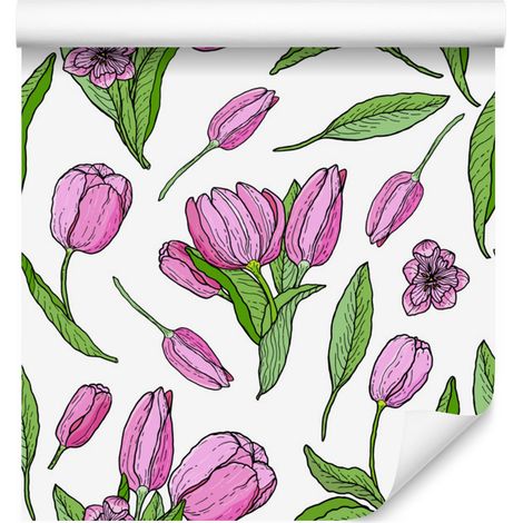 Papel pintado con estampado de tulipanes en flor para salón y dormitorio, 50x1000 cm. (1/5)