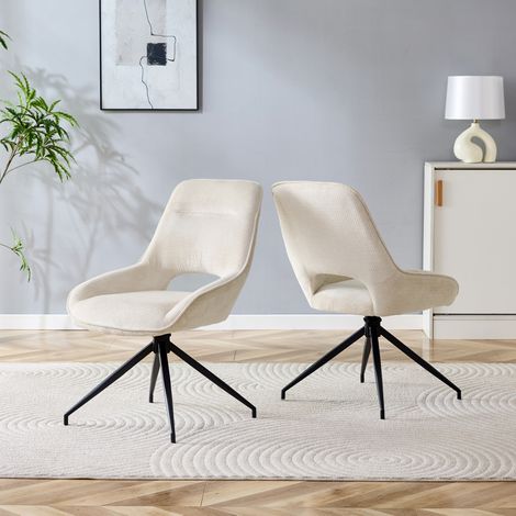 Chaise de salle à manger en métal et tissu blanc, pivotante 360°, avec accoudoirs, base noire,50×50×87cm (1/5)