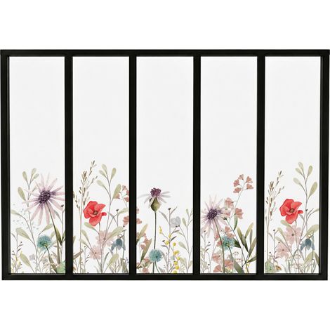 Verrière atelier intérieure aluminium noir 5 vitrages 168 x 117 cm - Décor végétal - Herbier - rouge et vert et transparent - Verre trempé (1/5)