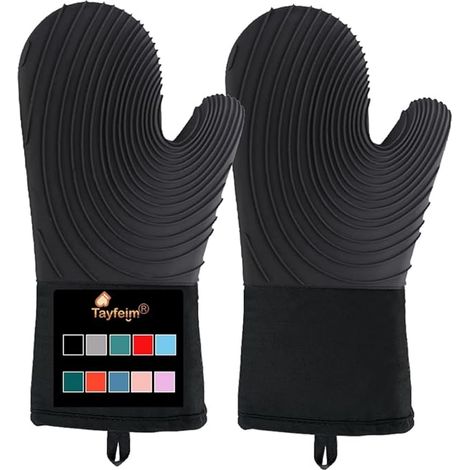 Guantes de silicona para horno: guantes de horno extendidos con forro suave, sin BPA, fáciles de limpiar y flexibles. Juego de guantes de horno para cocinar, hornear y asar a la parrilla (negros). (1/5)