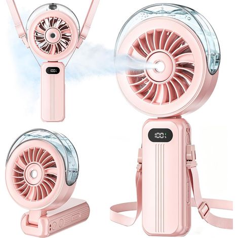 Mini Ventilateur Brumisateur Portable - Petit Fan USB Rechargeable Puissant 6000mAh 3-en-1 Ventilateur Poche de Bureau, Main ou Cou avec 4 Vitesses & Ecran LED, pour Interieur, Extérieur, Voyage (Ros (1/5)
