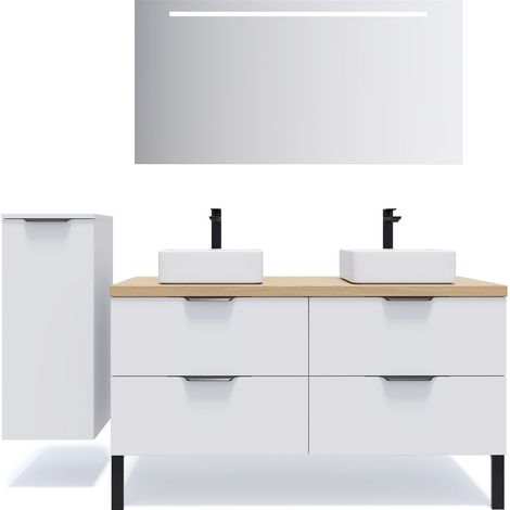 Meuble de salle de bain suspendu 2 vasques à poser 140cm 4 tiroirs Blanc + miroir + colonne ouverture gauche - Soho (1/5)