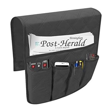 Organiseur d'accoudoir antidérapant à 5 poches pour canapé, sac de rangement, convient pour tablette, téléphone, bloc-notes, livres, magazines, télécommande (noir) (1/5)